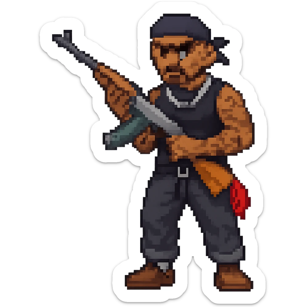 Make the person look like a gang member with visible tattoos and a tough expression, same pixel art style, no background. Please create in pixel art style. sticker