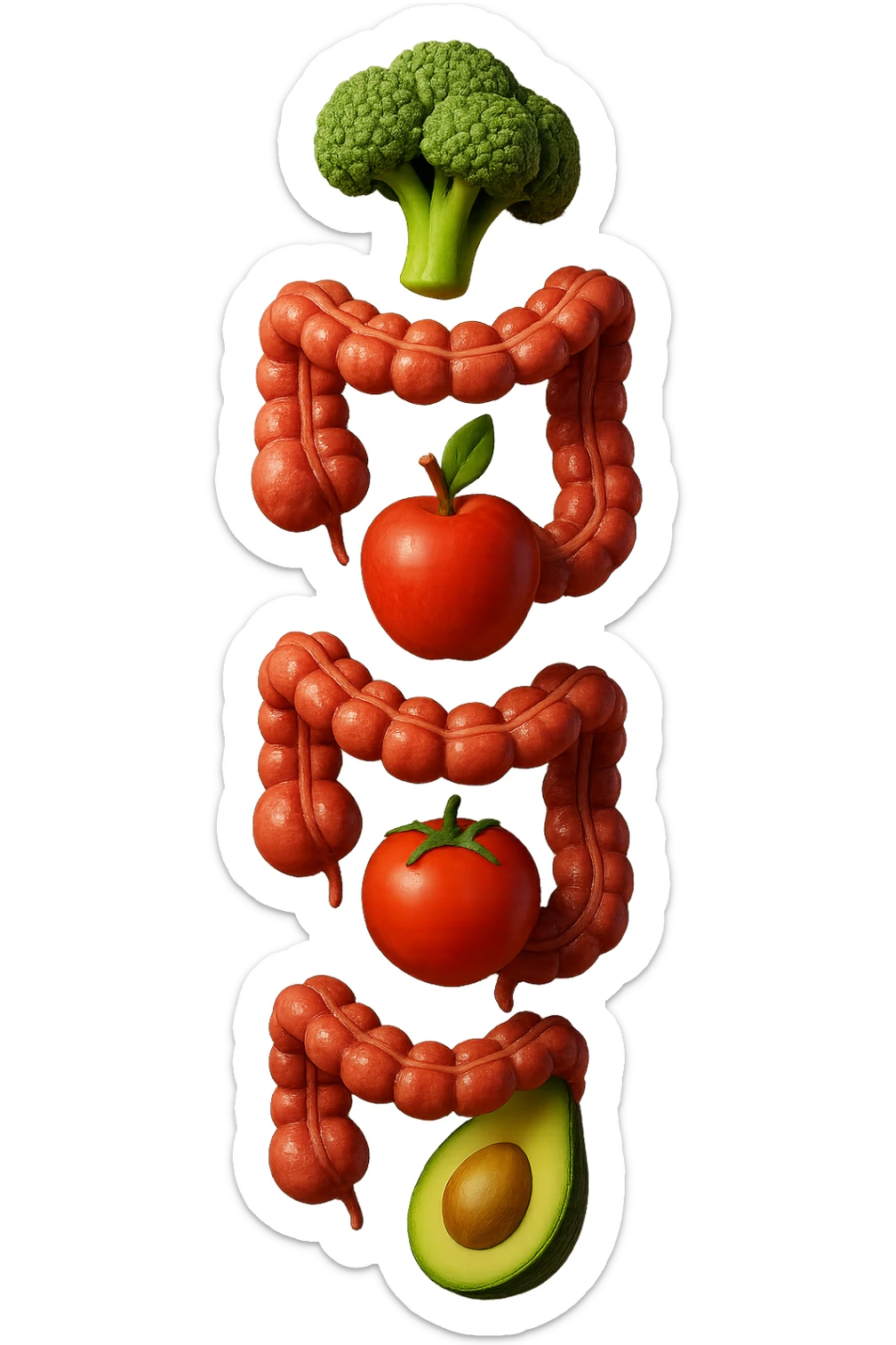 emoji stile iphone in 3d di cibo sano che fluttua in aria vericalmente insieme ùa pezzi di colon umano anatomico, iperrealistico 4k sticker