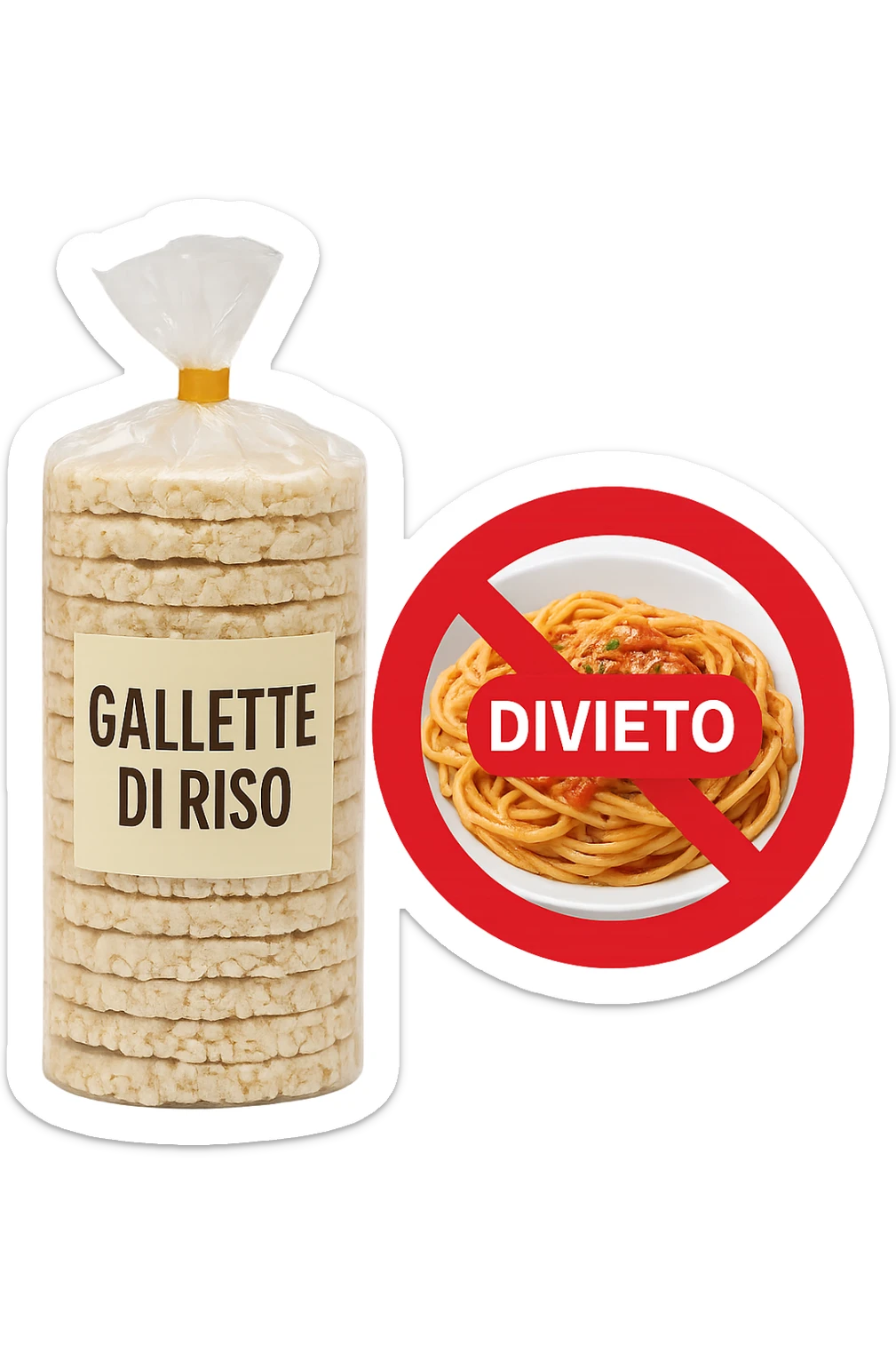 confezione di gallette di riso con accanto un piatto di pasta con divieto sopra, in italiano,  realistici sticker