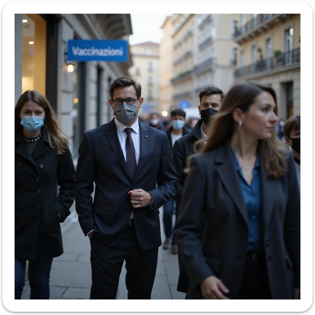 photo-realistic documentary style, group of people in business attire in line at a city vaccination center, some masked, clear 'Vaccinazioni' sign, urban background, soft light, 4K resolution sticker