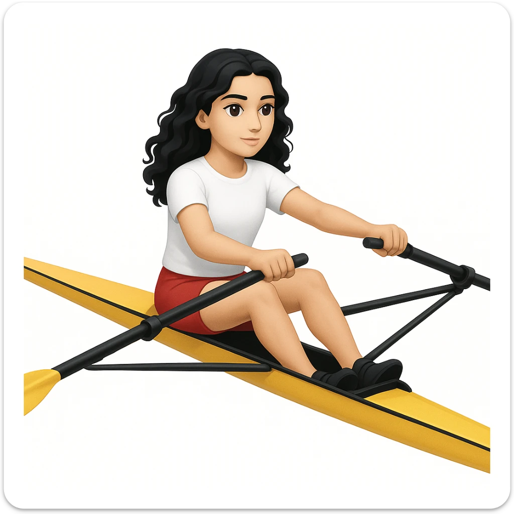 Altındaki tekneyi olimpik kürek sporu için uygun, uzun ve ince yarış teknesi olarak değiştir. Kız siyah uzun dalgalı saçlı, beyaz tenli, kırmızı şort ve beyaz kısa kollu tişörtle olimpik kürek sporu yapıyor sticker