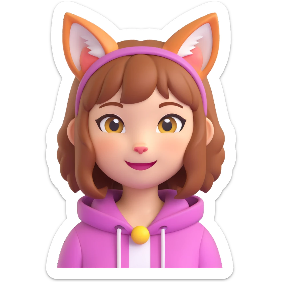cat girl, 3D emoji style, round face, cat ears, cheerful expression, minimal details sticker