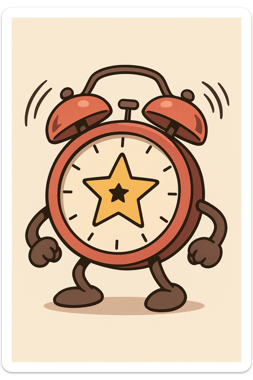 minimal flat vector of a red alarm clock with twin bells, bold star logo in the center, clean lines, soft shadows, ringing motion lines, light background sticker