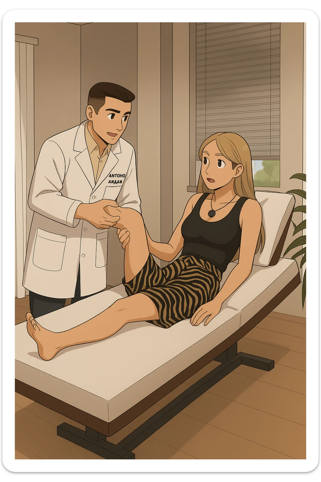 fai un webtoon/manga a colori con questo kinesiologo in camice bianco (fagli la scritta "ANTONIO ANANIA" SUL CAMICE) CHE SVOLGE UN TEST NEUROMUSCOLARE SOLLEVANDO UNA GAMBA ALLA RAGAZZA CHE è STESA SU UN LETTINO BIANCO. STANZA SEMPLICE E MODERNA, DURANTE IL TEST I DUE DIALOGANO TRA LORO. NON FARE I FUMETTI, FAI SOLO LORO COME SE DIALOGASSERO sticker