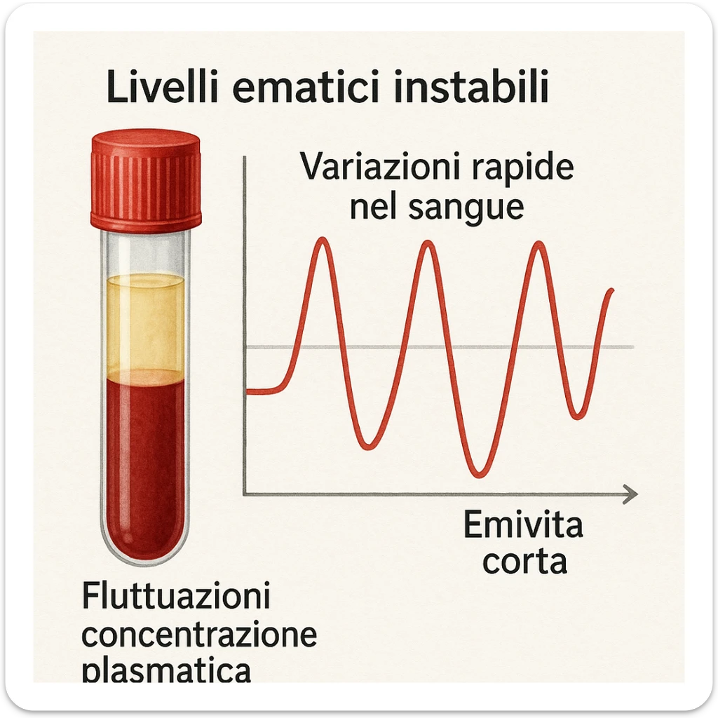 realistic medical illustration showing a blood test tube and a graph with rapidly rising and falling curves, representing 'Livelli ematici instabili' and 'Emivita corta'. Include Italian text in the image: 'Livelli ematici instabili', 'Emivita corta', 'Variazioni rapide nel sangue', 'Fluttuazioni concentrazione plasmatica'. Clear and informative style. sticker