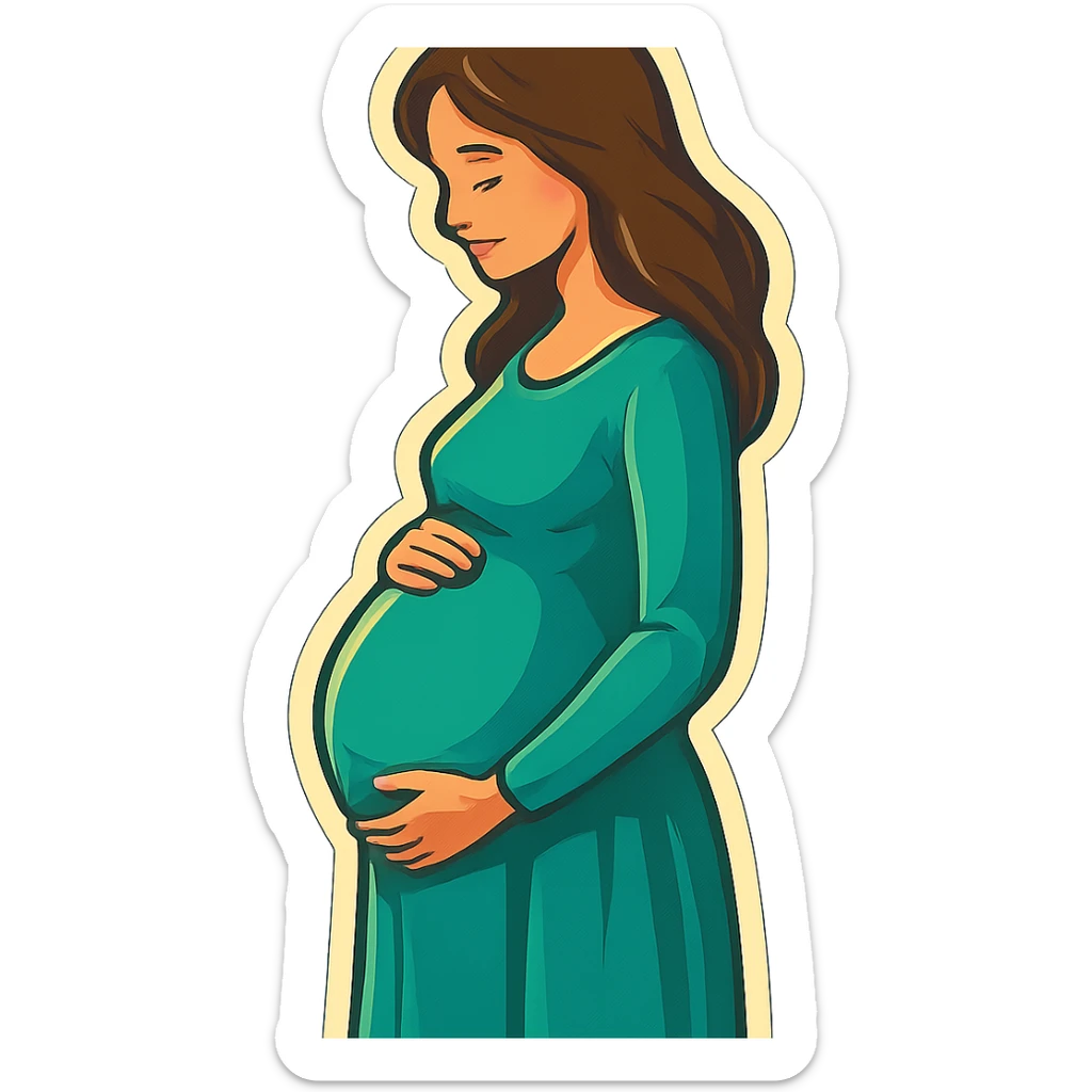 pregnant woman half-length portrait, in long dress, standing sideways, holding belly, face and head fully in frame, retro stickers style, soft rounded shapes, expressive contours, vintage color palette, light paper texture, shadows and highlights, transparent background sticker