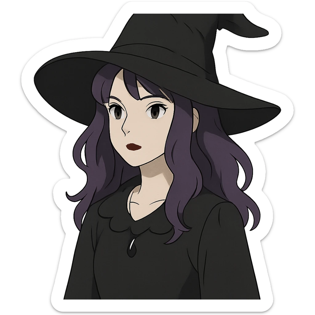 gothic woman with purple hair, witchy touch, in ghibli style sticker