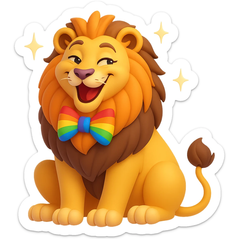 Make the proud and posh lion funny and flamboyantly gay, featuring a rainbow bowtie, sparkles, and a playful expression, in the style of 3D emoji with no background. sticker