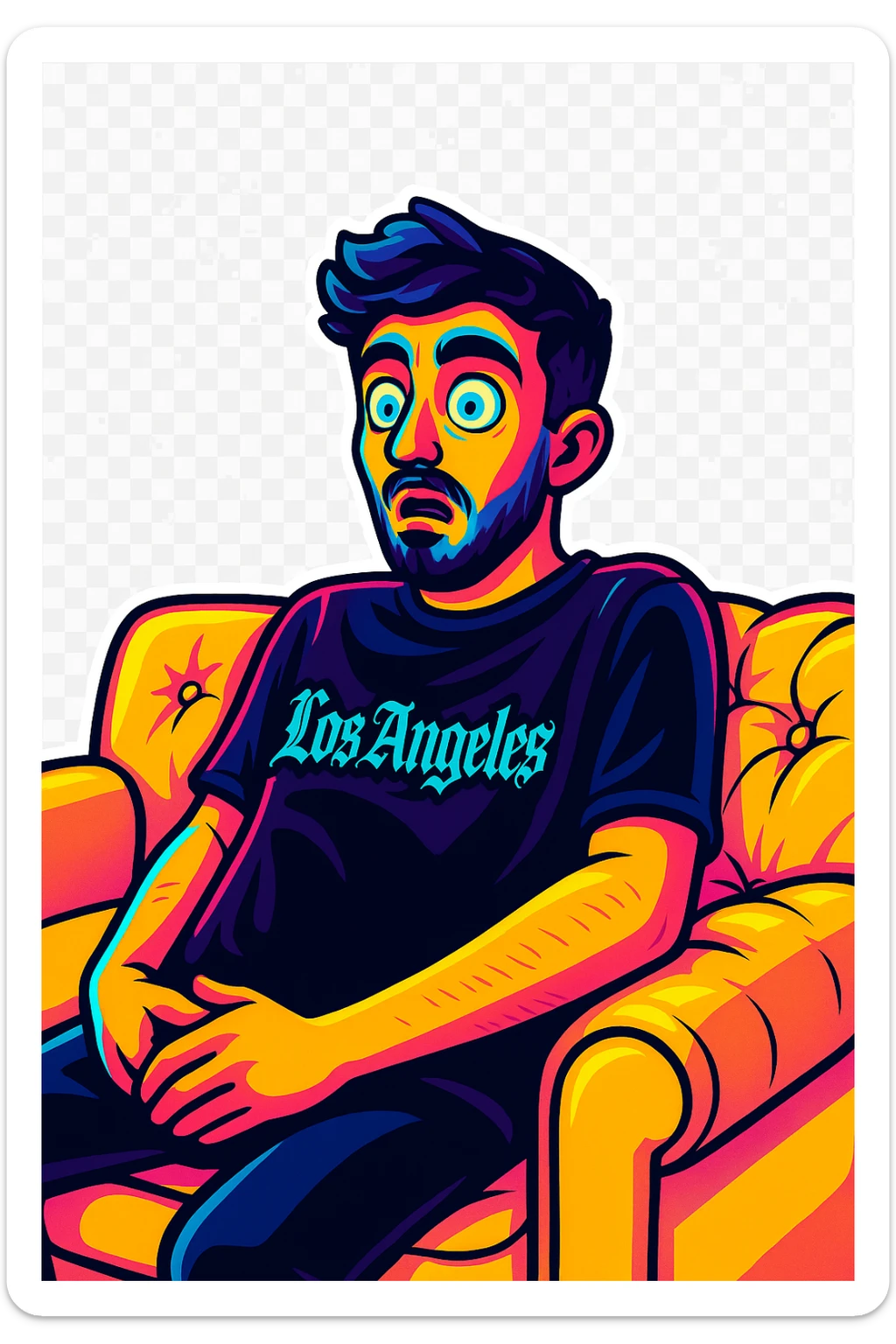 Convert the photo to a cartoon sticker in the style of Flux Pro with a surprised expression and transparent background. The style should reflect the vibrant and pop colors typical of Flux Pro cartoon stickers. sticker