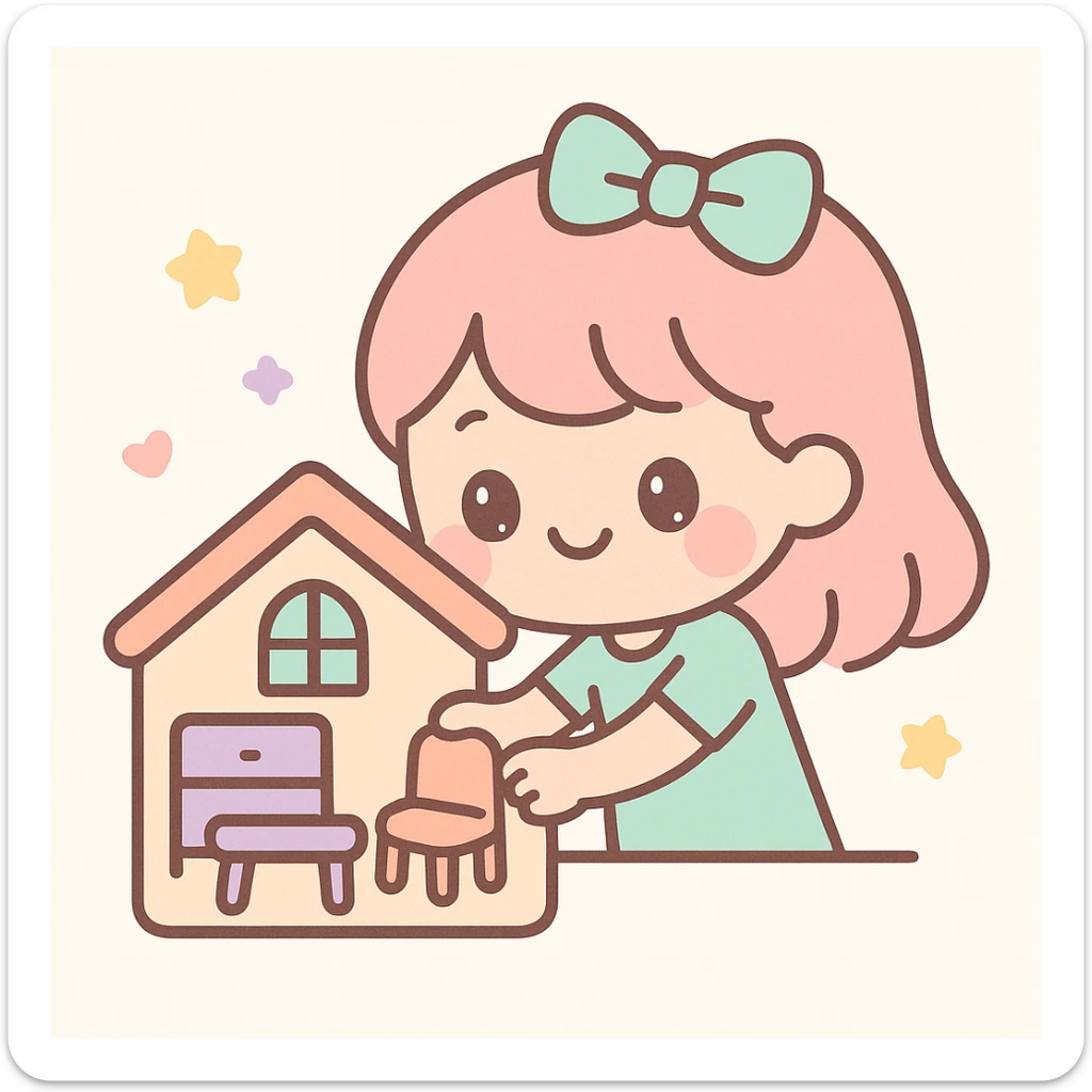 smiling girl arranging furniture in doll house sticker
