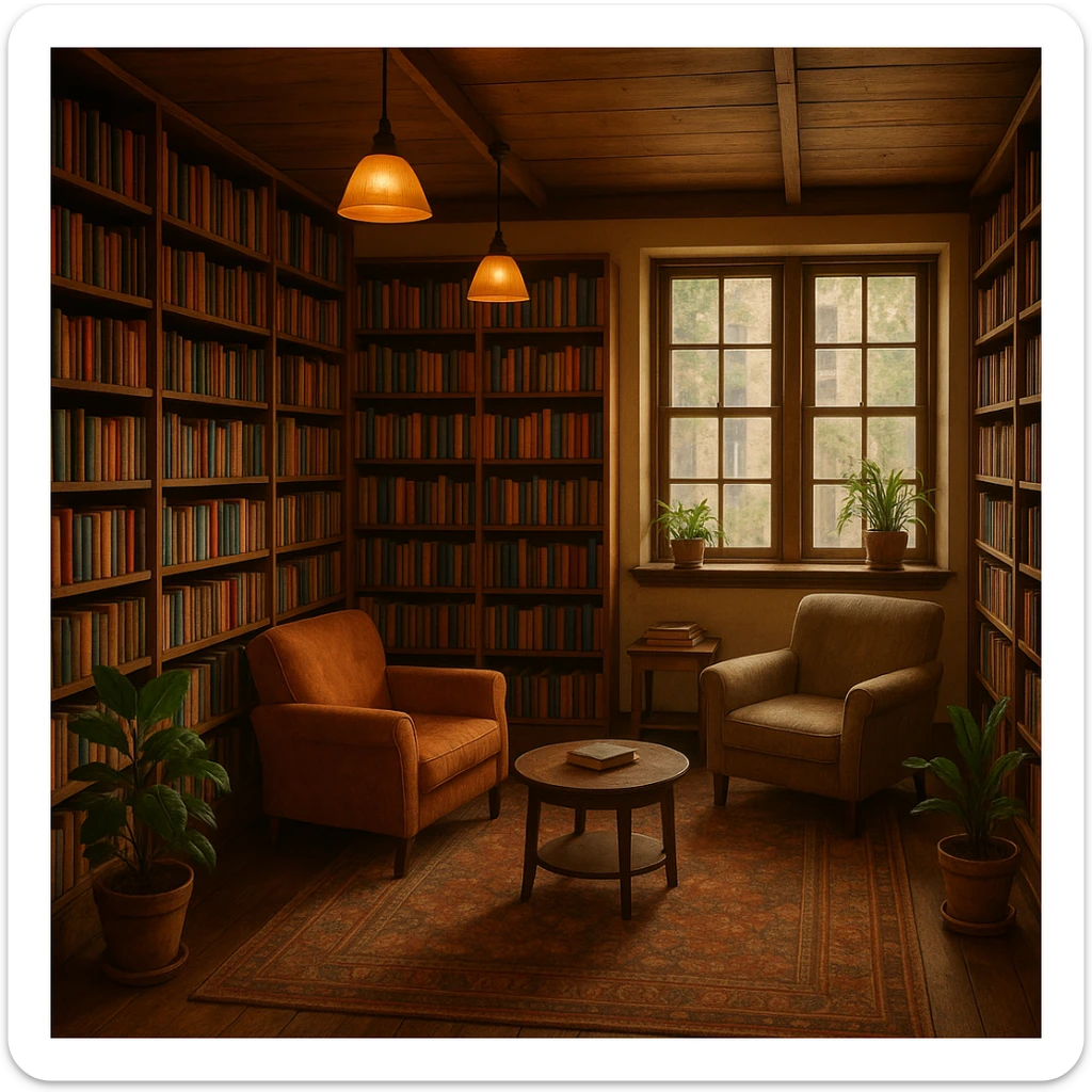 a cozy bookstore interior with shelves full of books, warm lighting, inviting atmosphere sticker