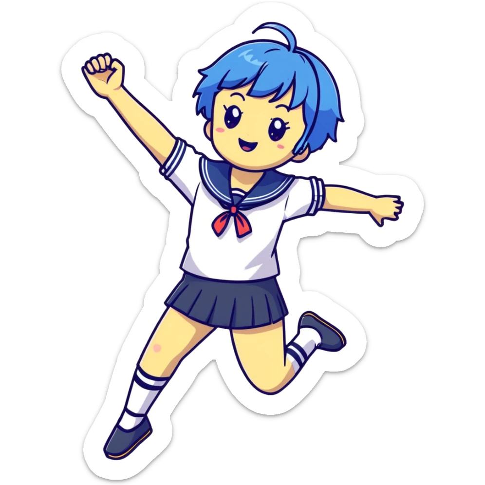 Energetic anime girl with short blue hair wearing Japanese sailor style school uniform, jumping excitedly with arms raised, very cheerful, kawaii style sticker