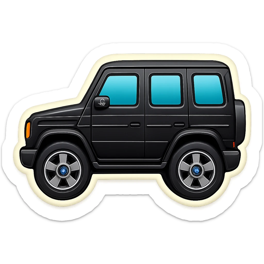 Remove the white outline from the simple, cartoonish Mercedes G-Class emoji. Keep the minimal, rounded, glossy style with a black body, large windows, and wheels. Ensure no background is present. sticker