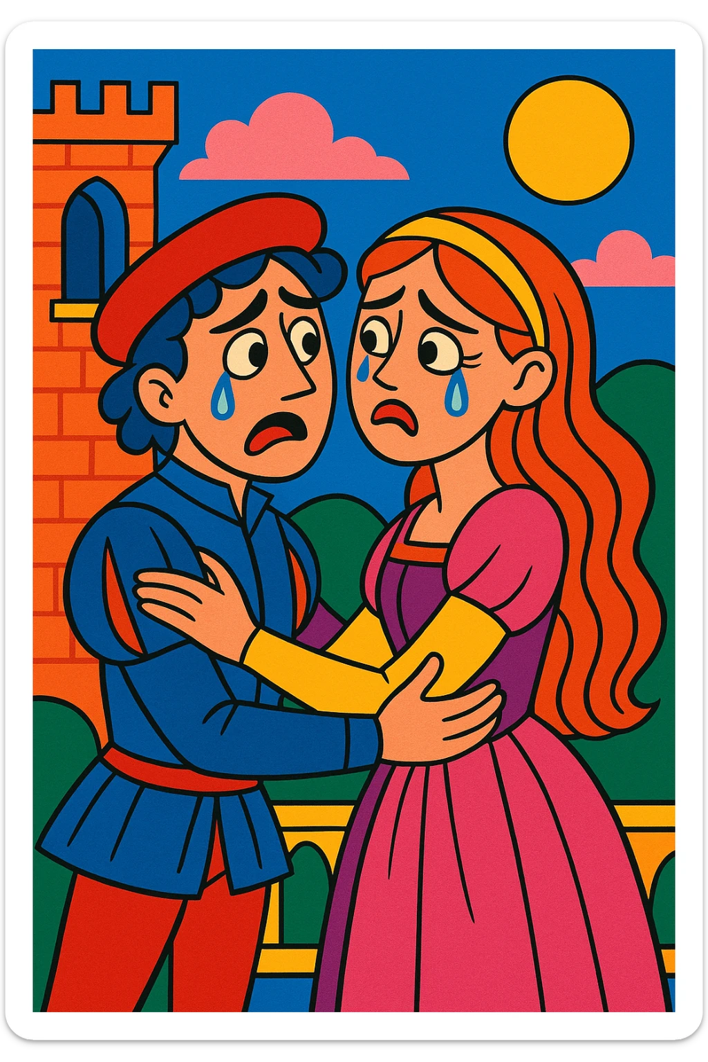 Romeo and Juliet in a cartoon farewell embrace, teary eyes, dramatic but playful, cartoon style sticker
