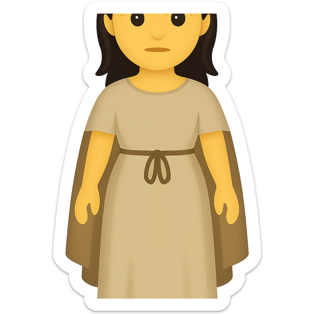 Create a fullbody view of a character in the style and proportions of the reference image. The character should wear a plain light tan dress, have dark hair, and wear a matching cape from the reference image. The style is emoji style with a transparent background. sticker