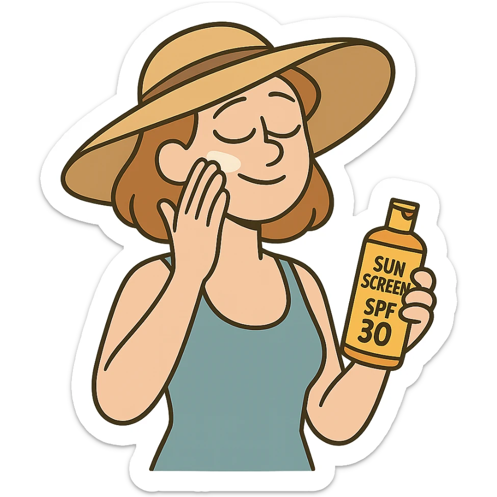 illustration of a woman with sun hat applying sunscreen to her face with one hand, holding sunscreen bottle in the other, sunny and relaxed, no background sticker