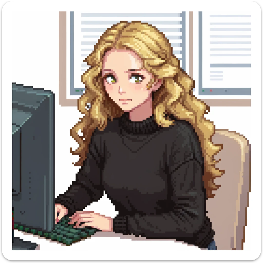 pretty brown-eyed blonde young woman with wavy hair, wearing a black sweater, working on a computer in a cozy office sticker