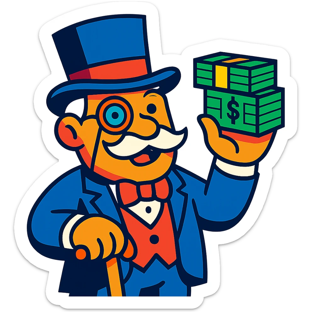 old white man with a top hat, monocle in left eye, holding stacks of money in right hand and a wooden cane in left hand, vibrant colorful style sticker