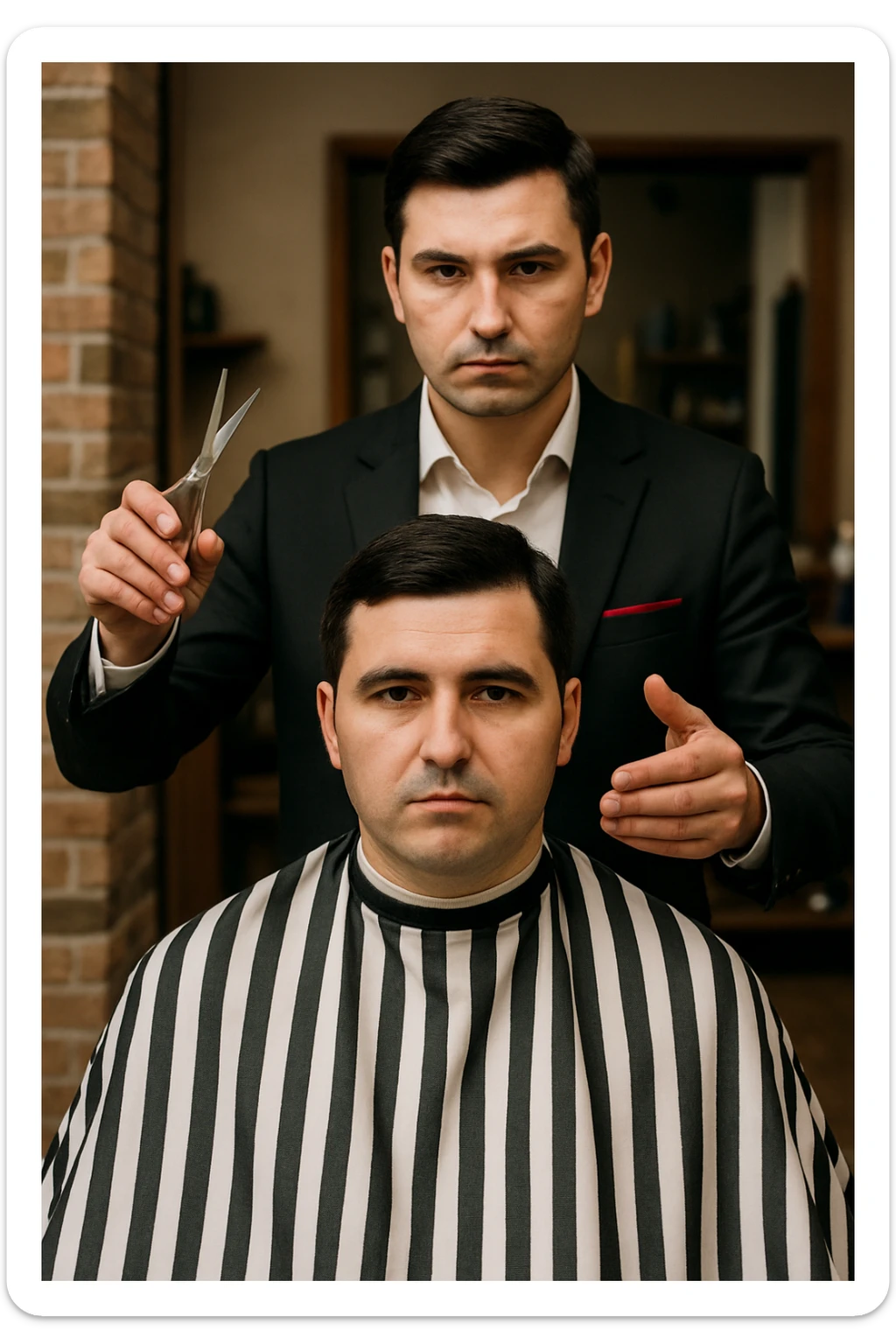 manashu akani yuzlaridan foydalanib sartarosh chizib bergin u soch olishga tayyor turganini chizib ber old rakursda bulsin mijoz tugriga qarab utirganini va sartarosh uni orqasida turib bitta ulida qaychi, ikkta quli bilan tayyorgarlik kurib turganini chizib ber xuddi 1,2,3 boshladik degandey birdaniga ishga kirishib ketadigan dek tayyor bulib tursin sticker