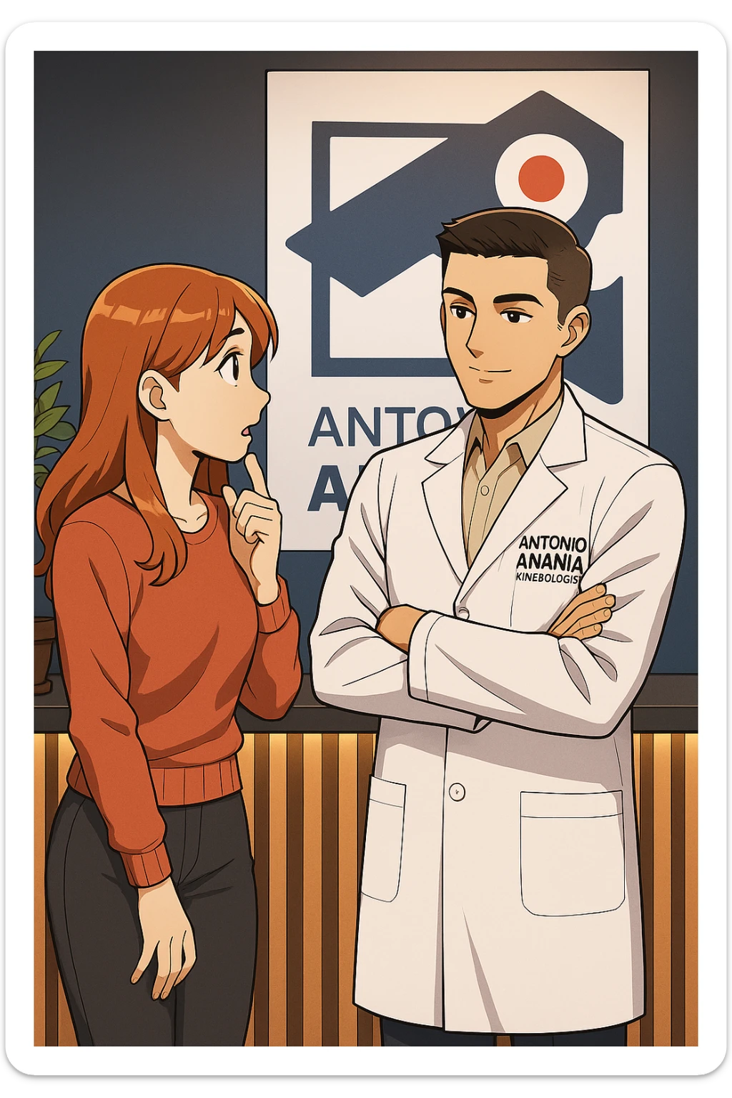 su questo stile fai un manga/webtoon a colori in cui una donna SI TOCCA IL MENTO MENTRE FA UNA DOMANDA ALL'UOMO, l'uomo della foto in stile manga LE SPIEGA CHE DEVE PROVARE LA SUA VALUTAZIONE MEDICA, mantieni un ambiente simile alla foto che ho allegato con il suo logo (sarebbe il suo studio, lui è un kinesiologo), scrivigli "ANTONIO ANANIA" sul camice bianco, non mettere fumetti, ma fai in modo che sembri che la donna CHIEDA E  l'uomo RISPONDA sticker