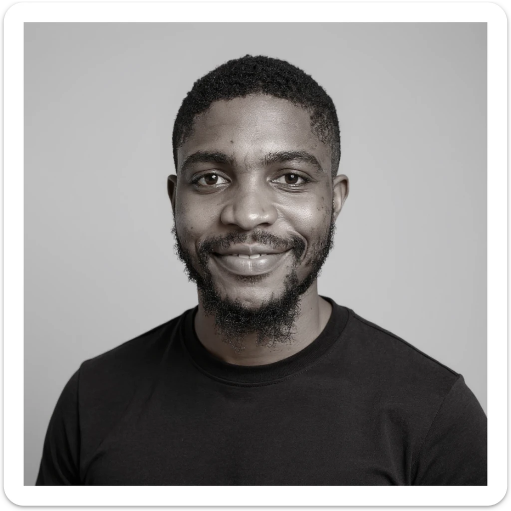 A professional portrait of me in monochrome. Plain black crew neck shirt. Tailored to LinkedIn. Tech boy vibe (programmer). I’m a black man from Nigeria. Retain facial features from attached image. Make face smoothie and healthy. No accessories. Light gray background to make subject more visible. sticker