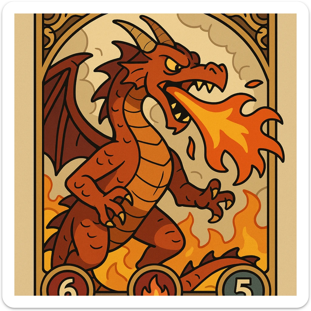 epic collectible card featuring a fire-breathing dragon with visible health, fire, and armor stats, intricate details, ornate card border, dramatic pose, vibrant colors, fantasy illustration style sticker