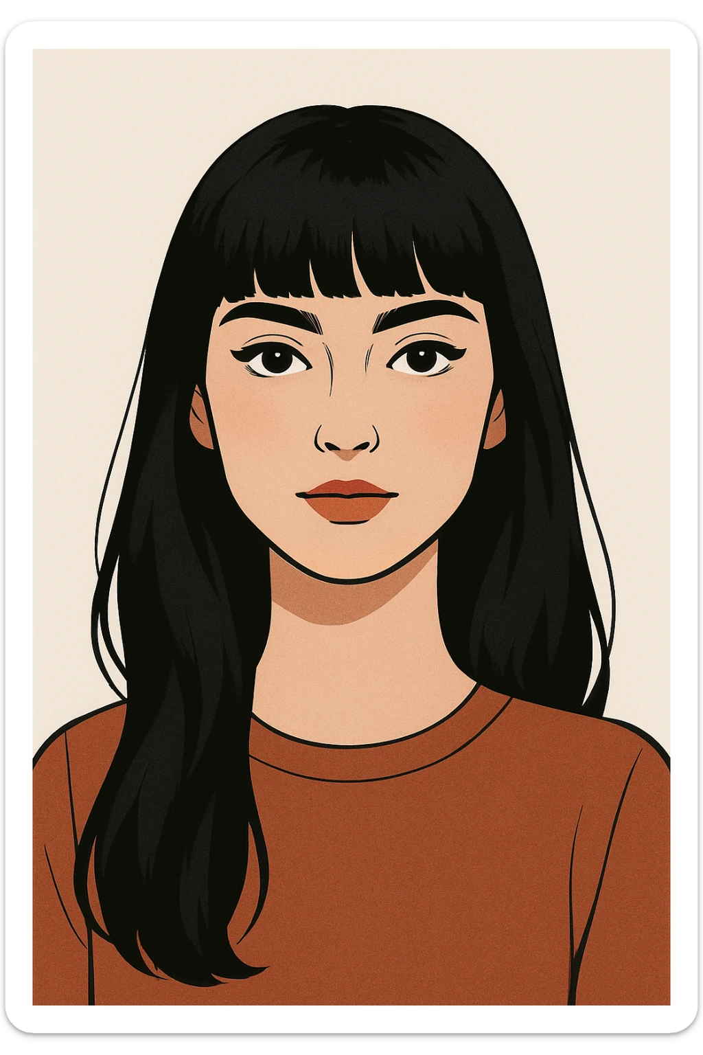 portrait of a pretty white girl with long black hair and thick bangs, clean background, modern illustration style sticker