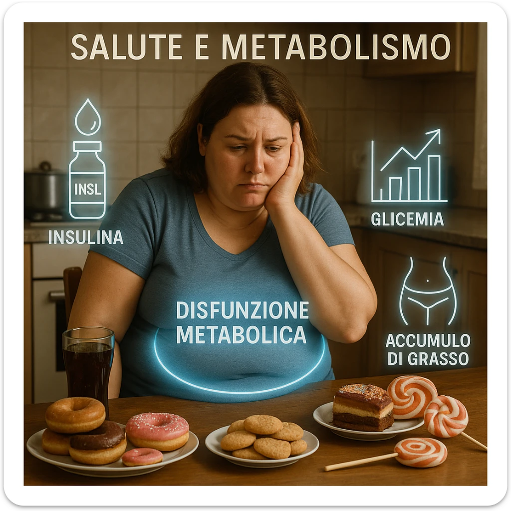 realistic surreal symbolism; 38-year-old woman, slightly overweight, sitting tired at kitchen table with sugary foods; frustrated expression; blue halo around abdomen (metabolic dysfunction); transparent icons: high insulin, rising blood sugar (graph with upward arrows), fat accumulation on abdomen and hips; writings in Italian sticker