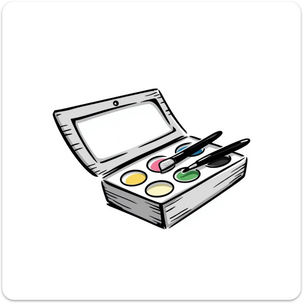 A watercolor paint box with paintbrush and color wells in pastel colors (dd9fb0, ffc6d3, a3bfc9, c4bee2, f1b091), hand-drawn doodle style sticker