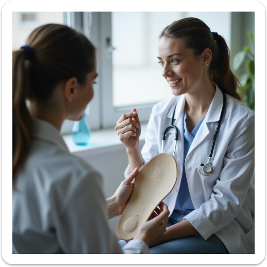 realistic 4K woman consulting orthopedist, showing insole and explaining postural problems, professional medical environment sticker