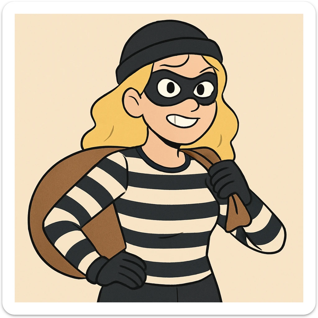 blonde woman dressed as a robber, wearing a black mask and striped shirt, cartoon style sticker