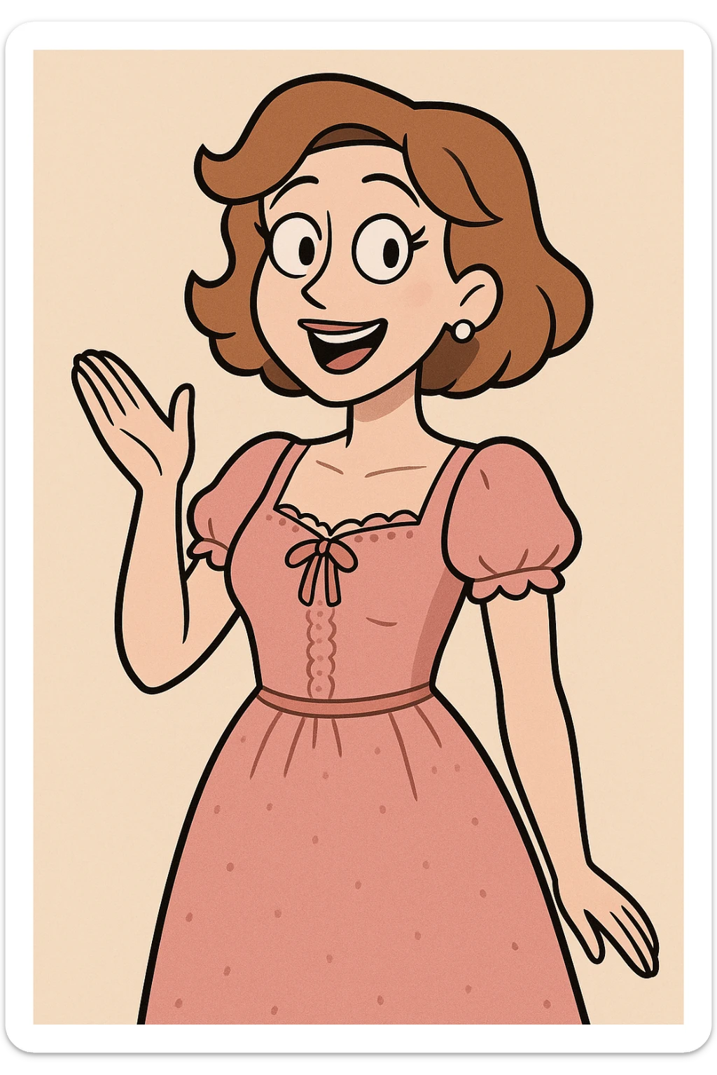 cartoon version of a woman with white skin, short wavy light brown hair, light makeup, wearing a pink dress with beautiful, delicate details, cheerful and charming sticker