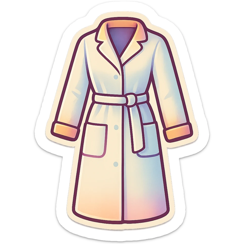 female medical coat full length, with long sleeves and belt, retro stickers style, soft rounded shapes, clean contours, pastel palette, shadows and highlights, modern illustration, transparent background sticker