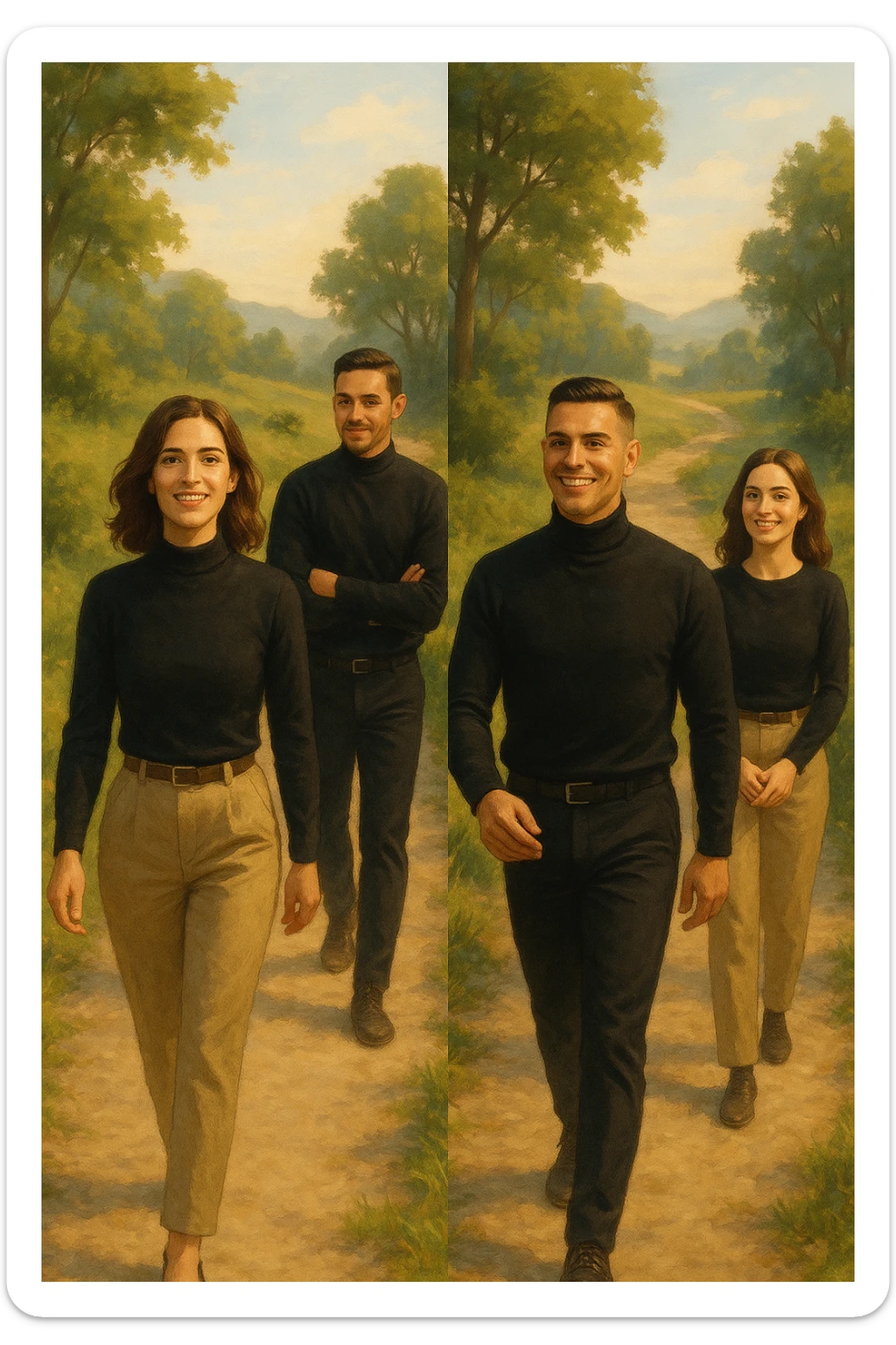 a man and a woman walk together along a winding path in a natural landscape. In one version, the woman leads confidently while the man follows a few steps behind, looking at lei con ammirazione. In un’altra versione, i ruoli sono invertiti, con l’uomo che guida e la donna che lo segue sorridendo. La scena trasmette l’idea che entrambi possano guidare o seguire, a seconda del momento. sticker