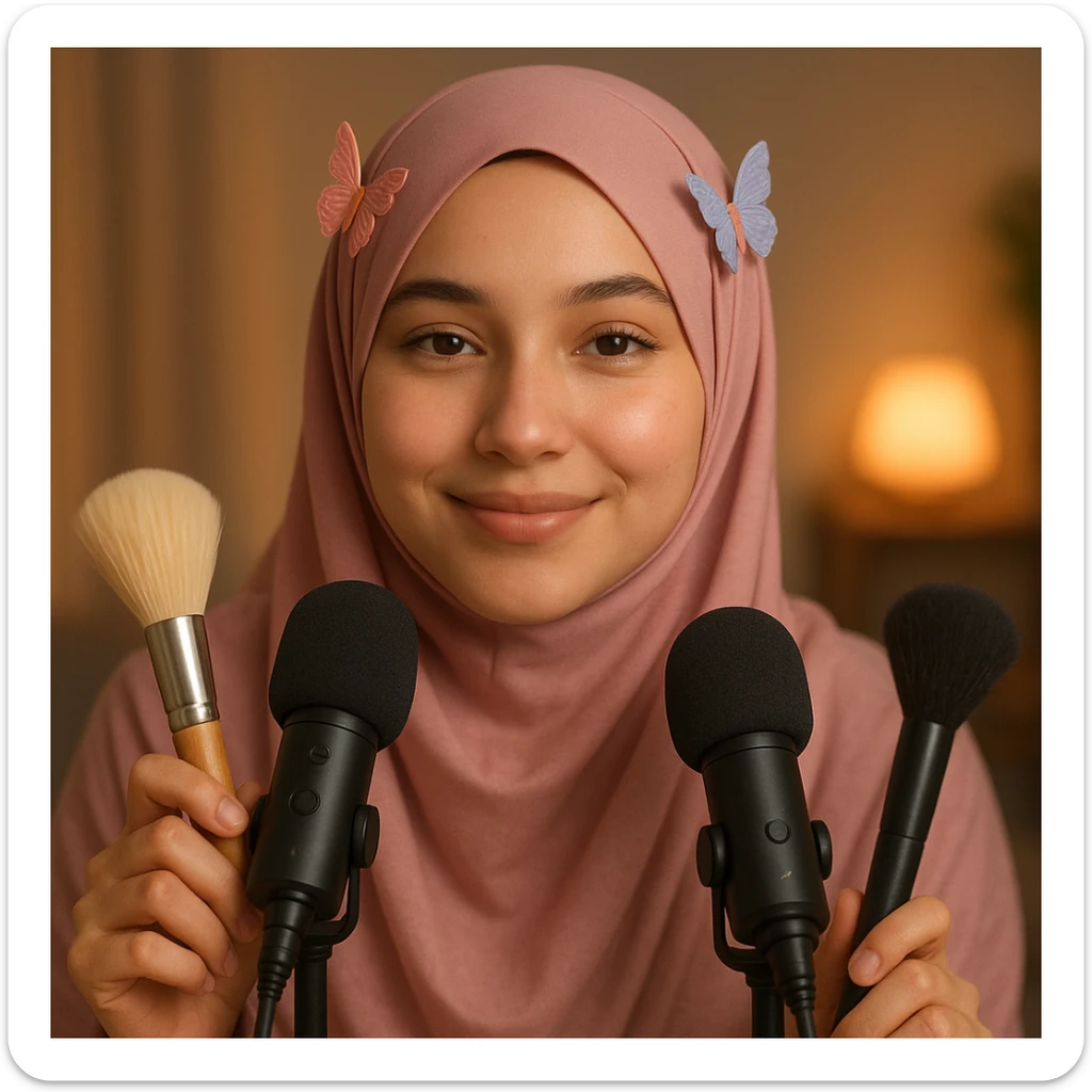 ASMR content creator girl, pink hijab with butterfly hairclips on left and right, gentle smile, surrounded by ASMR props sticker