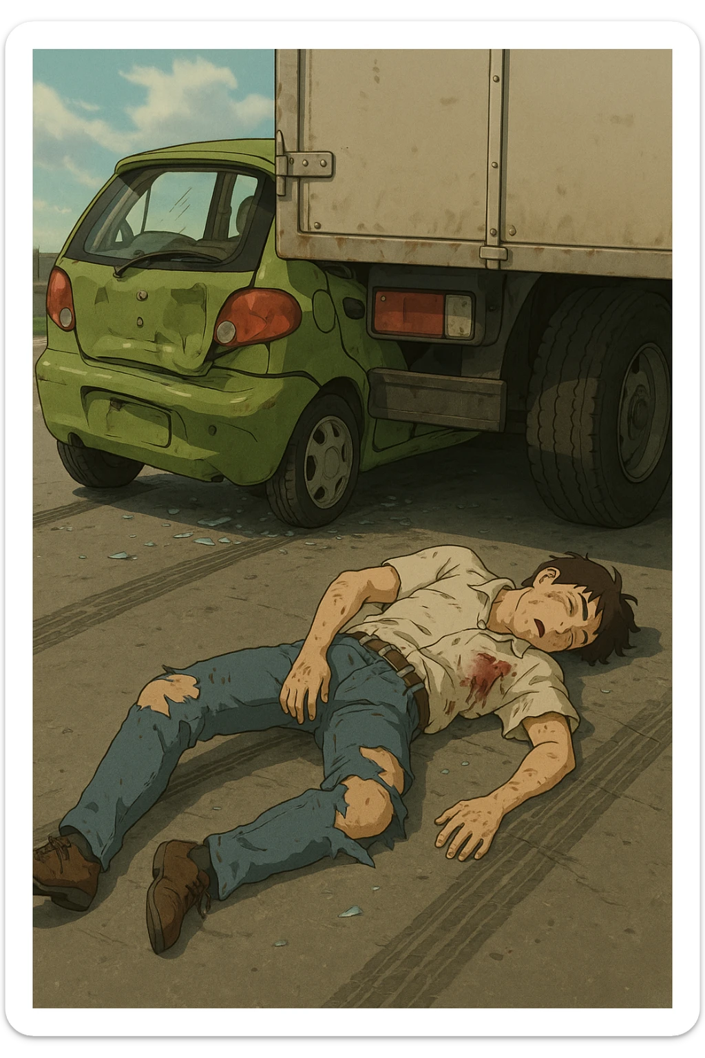 A dramatic accident scene in the style of photorealism. A Matiz car has crashed into the back of a large cargo truck. In the foreground, a man lies unconscious on the asphalt, slightly twisted to the side. His left leg and pelvic bone appear broken and unnaturally positioned. Blood stains are visible near his hip and knee. His clothes are slightly torn from the impact. The surroundings show tire skid marks, broken glass, and a slightly deformed Matiz bumper pressed into the truck's rear. The lighting is natural daylight with a somber, tense atmosphere. Focus on realism, injury detail, and emotional gravity of the scene. sticker