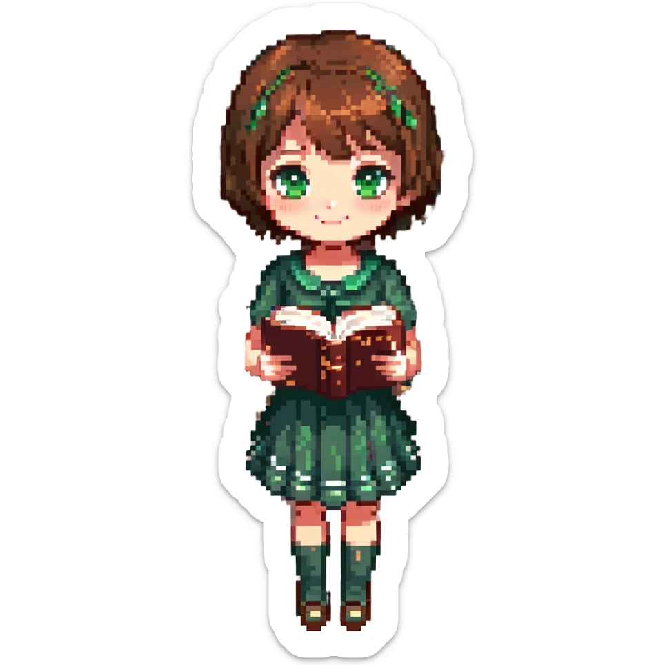 pixel art chibi girl with short brown hair, large sparkling eyes, green dress, book in hand, smiling gently, standing facing forward, bright colorful palette, soft shading sticker