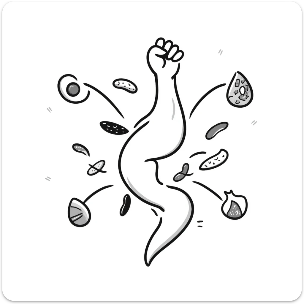 Glowing muscle fibers in the center, with protein foods (meat, egg, beans, tofu, yogurt) floating around but connected to each other forming a unified chain or cluster orbiting the muscle fibers. sticker