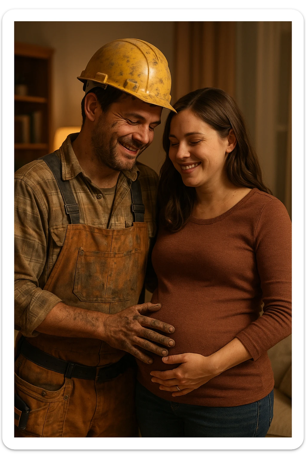 The construction worker and his pregnant wife sharing a quiet moment after the repair, his hands still dirty, her hand on her belly, both smiling, homey background with warm lighting. sticker