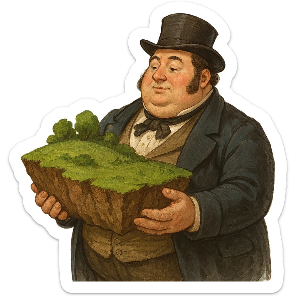 Толстый британский герцог 19 века держит в руках большой пласт земли, слегка рисованный объемный стиль, прозрачный фон sticker