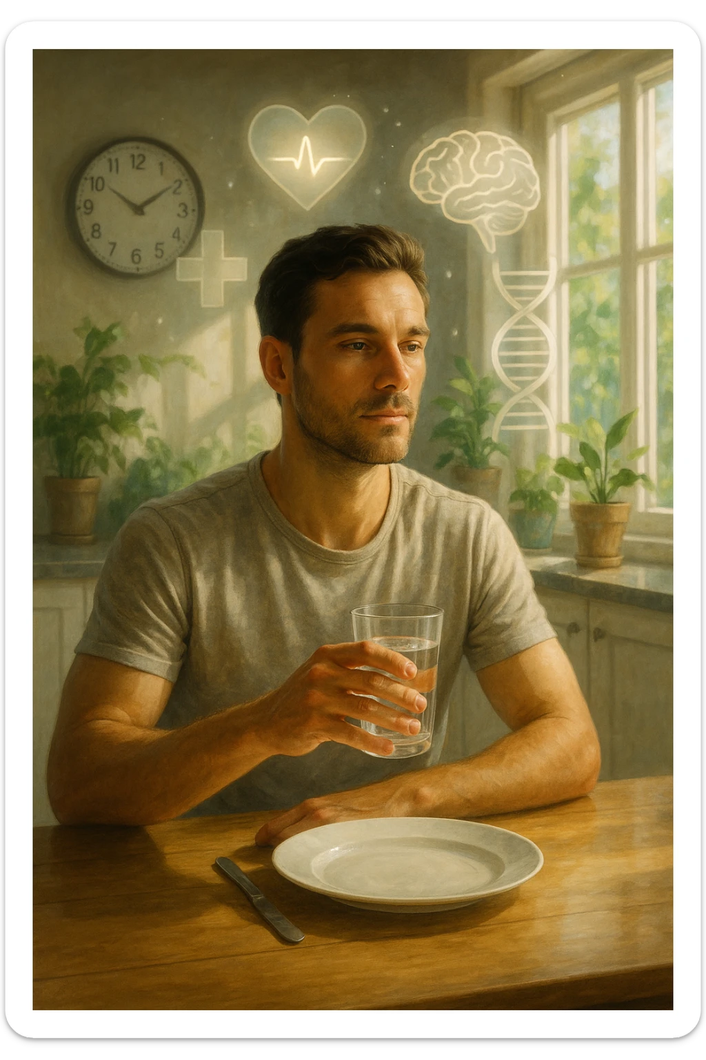 A realistic, cinematic illustration of a healthy, calm man in his early 30s sitting in a bright kitchen in the morning, with an empty plate in front of him and a glass of water in his hand, looking serene and focused. Behind him, the background shows subtle symbols of health: green plants, sunlight streaming in, and a blurred wall clock showing 10:00, symbolizing the fasting window. Above the man, a translucent overlay of medical icons (heart, brain, DNA strand) glows softly, illustrating that intermittent fasting acts as a powerful medicine, not merely a diet. The color palette is fresh and natural, emphasizing health, clarity, and focus. The style is realistic with slight cinematic tones, conveying that the man is using intermittent fasting as a tool for cellular regeneration, inflammation reduction, and health optimization rather than weight loss sticker