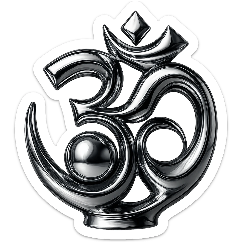 Place a luminous chrome sphere in the center of the abstract Om symbol, keep the style swirling and metallic, with no background. sticker