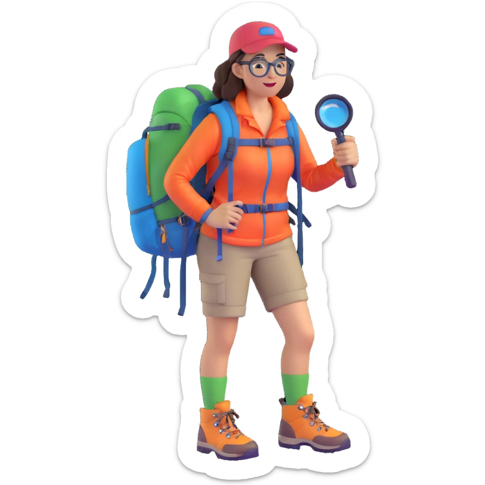 Happy energetic woman in her late 30s with glasses wearing colorful sporty outfit, hiking boots, and backpack, examining with a magnifying glass sticker