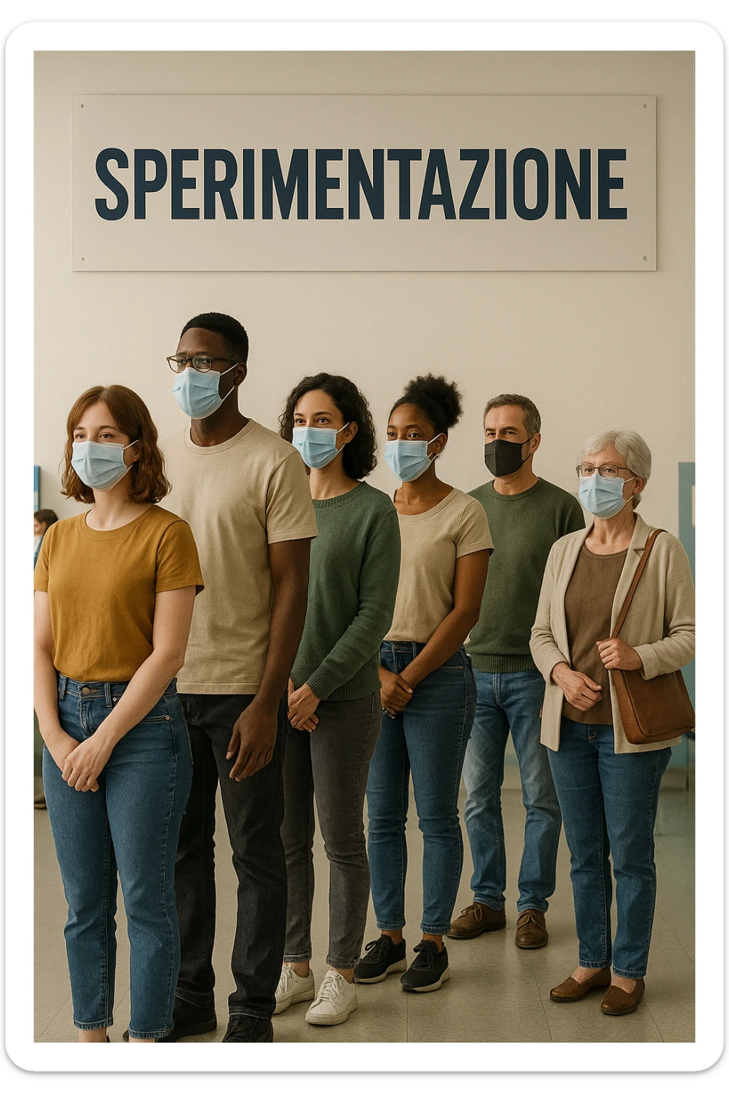 donne e uomini che fanno fila per i vaccini, chiamati "Sperimentazione" sticker