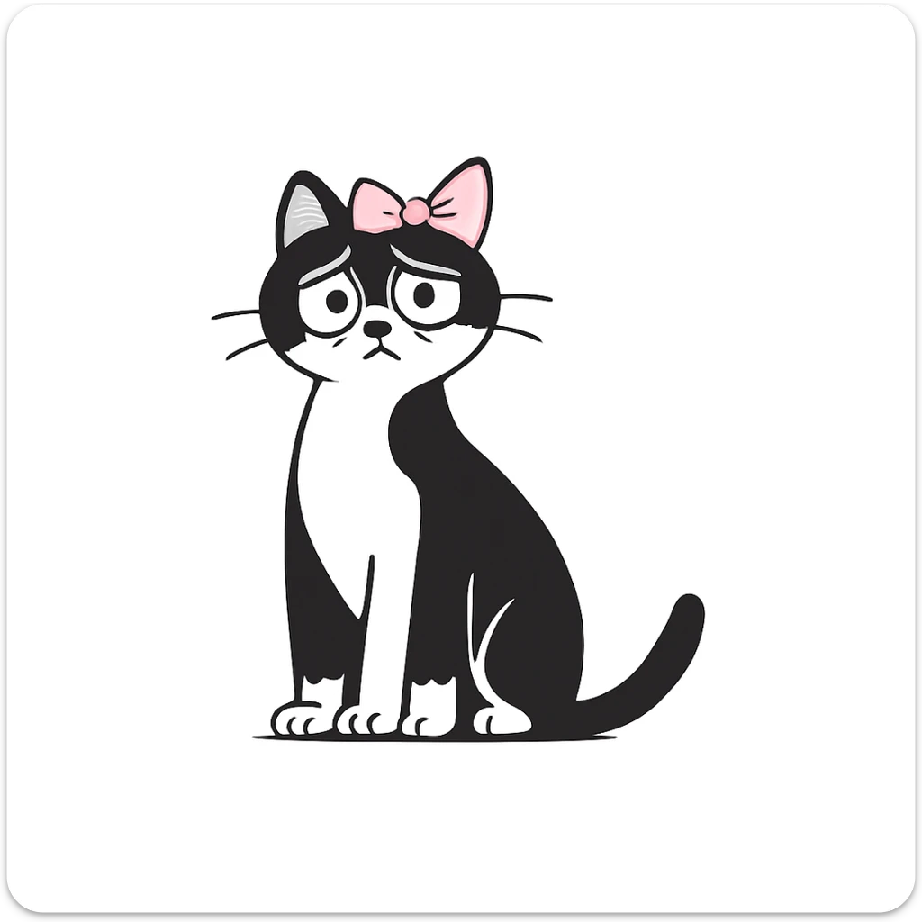 Add a light pink bow to the cat with bags under its eyes, keeping the original style of the image. sticker