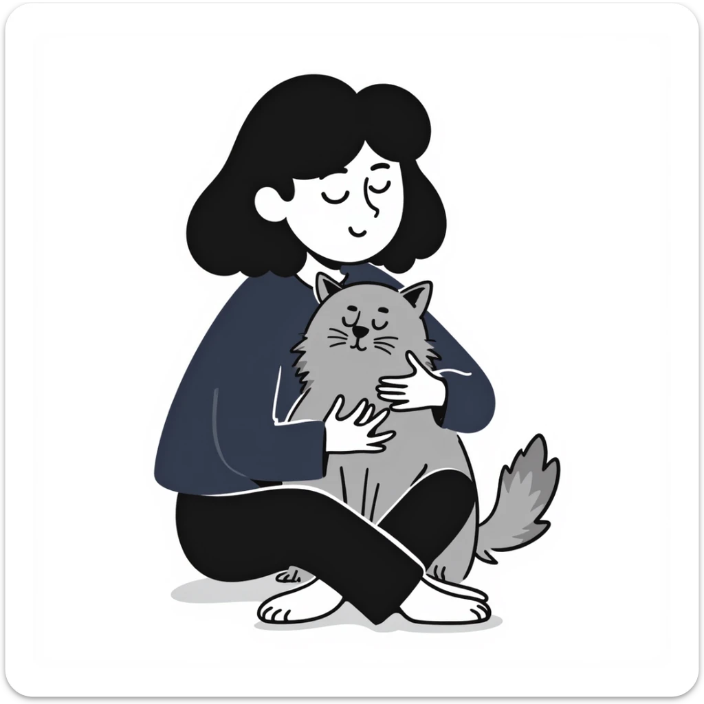 Brunette girl with dark blue sweatshirt snuggling a fluffy grey Siberian cat sticker