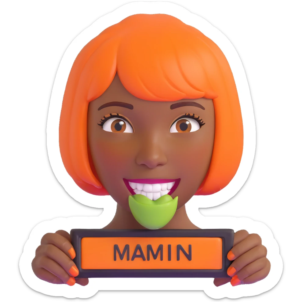 dark skinned Black woman with orange bob wig like Chucky's hair, visible plaque on her teeth sticker