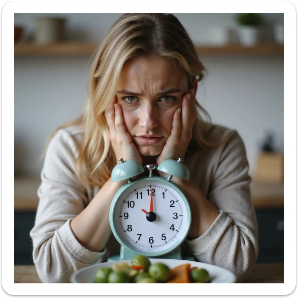 adult woman, photorealistic, weighing food with kitchen scale showing error icon, disheartened expression, natural light, kitchen background sticker
