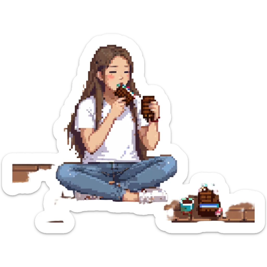 long haired Asian person eating chocolate, wearing white T-shirt and jeans sticker