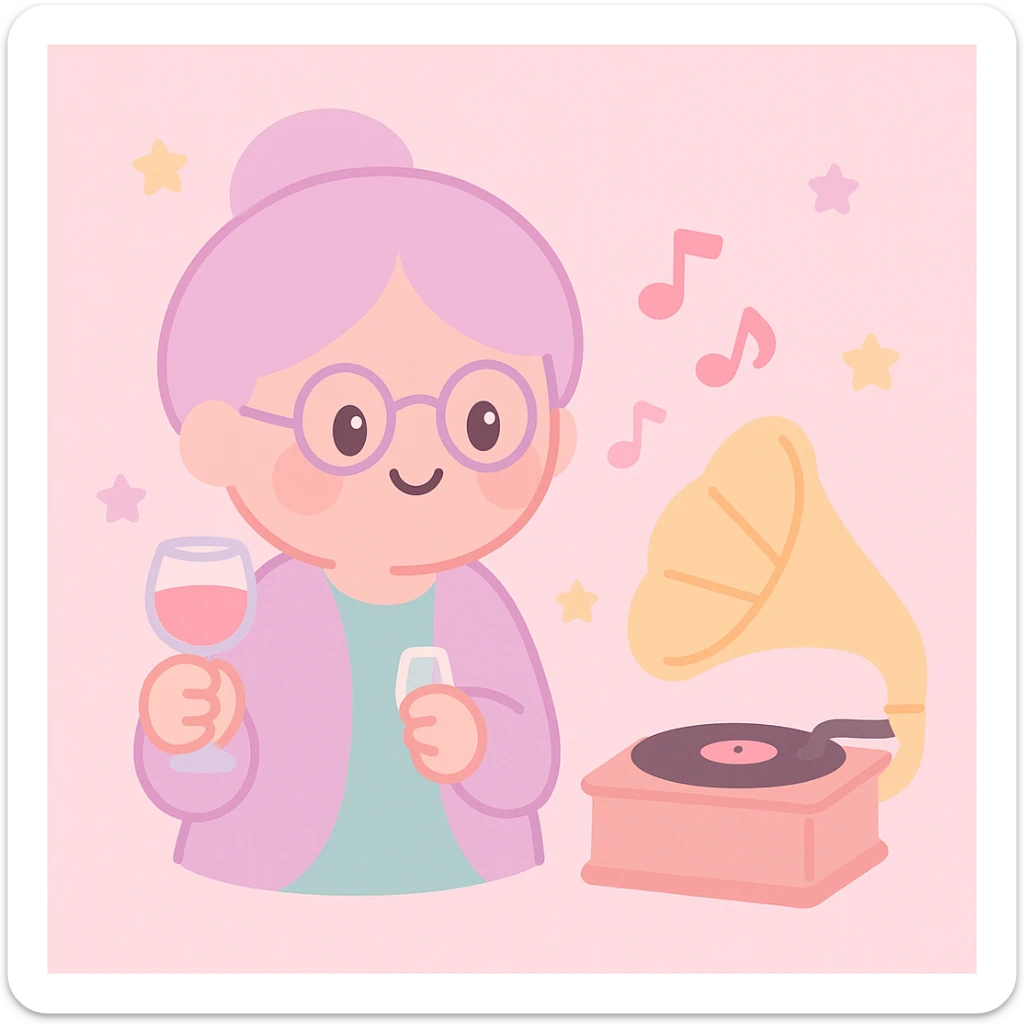 old lady with wineglass listening to gramophone sticker